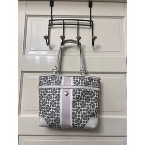 Coach Heritage Stripe Tote Grey White Lavender Monogram Canvas Bag F15137